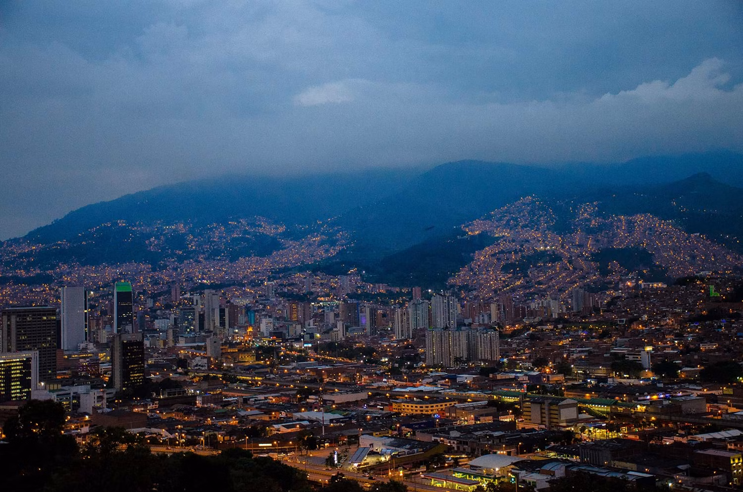 View of lit up city at night