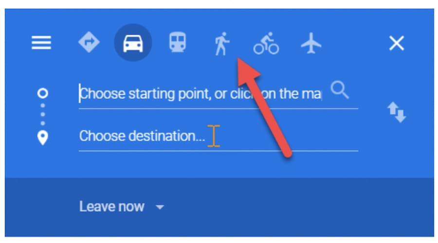 Arrow pointing to walking mode in Google Maps