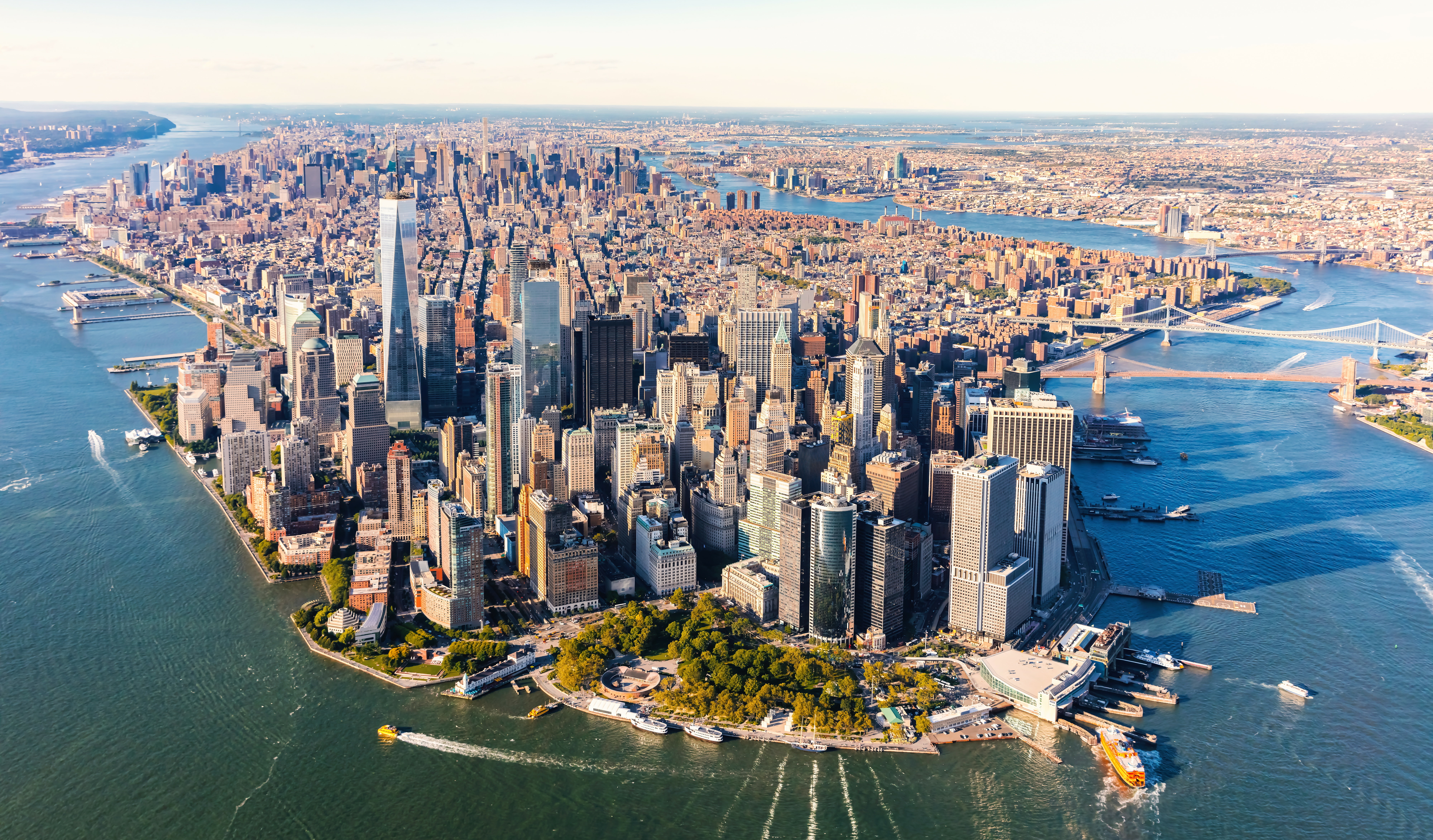 aerial view over lower Manhattan, New York
