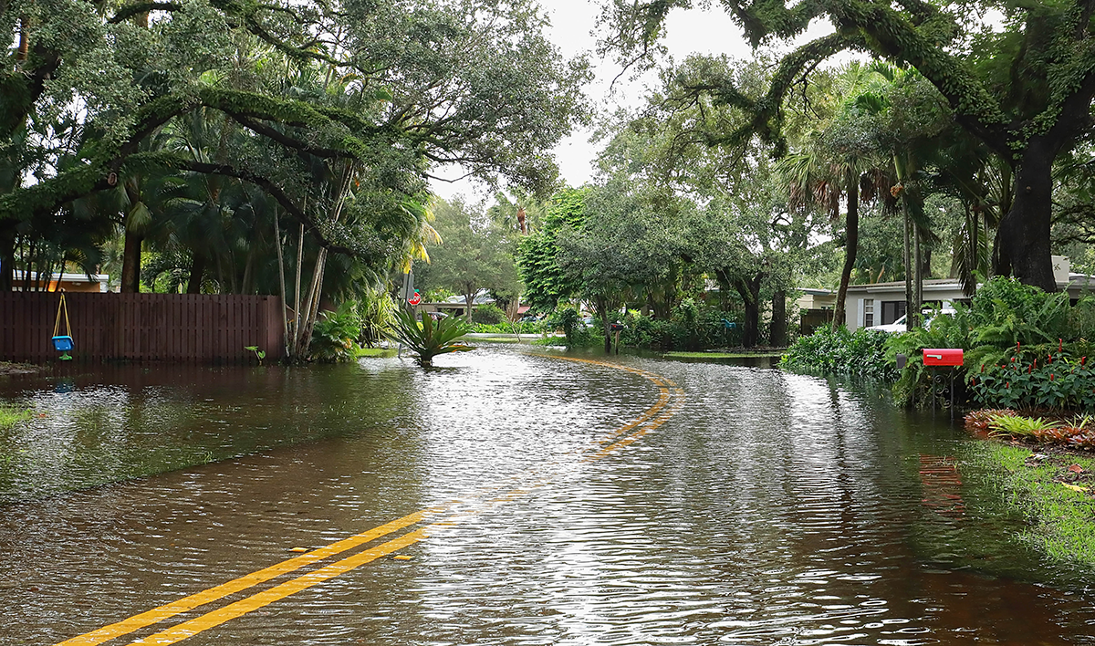 Flooded residential street during storm