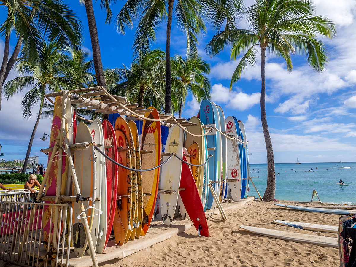 Surfboards on beach in Hawaii