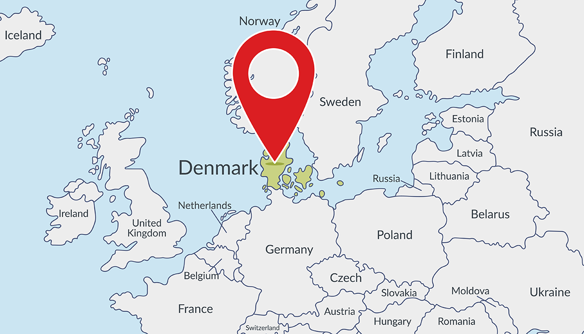 Denmark marked on a map of Europe